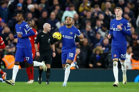 Christopher Nkunku (centre) was a rare positive from Chelsea’s trip to Anfield.
