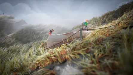 Two claymation characters running through a grassy landscape.