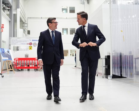 Prime minister Andy Burnham and Nato secretary general Mark Rutte during a visit to see cutting-edge defence technology at RAL Space, the UK's National Space Laboratory, at the Harwell Science and Innovation Campus in Didcot, England.