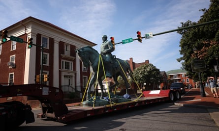The statue of Robert Lee is removed from Charlottesville in July.