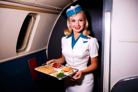 AI image of a stewardess on a 1950s aircraft smiling and carrying a tray of food
