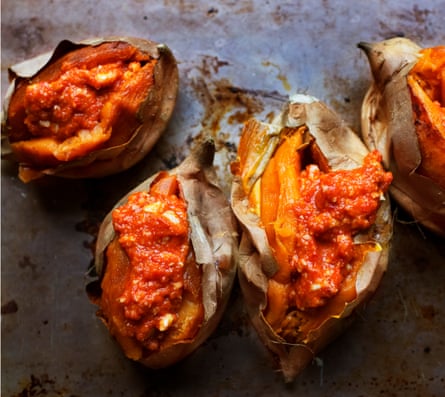 Baked sweet potato, split open, with a dollop on rouille on 
