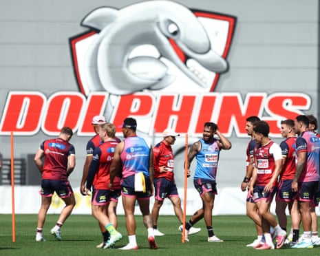 Players at a Dolphins NRL training session at Kayo Stadium in Brisbane