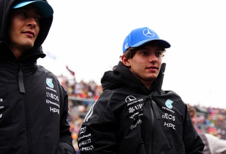 George Russell (left) and Kimi Antonelli during the drivers parade.