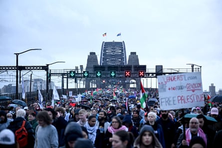The bridge filled with protesters