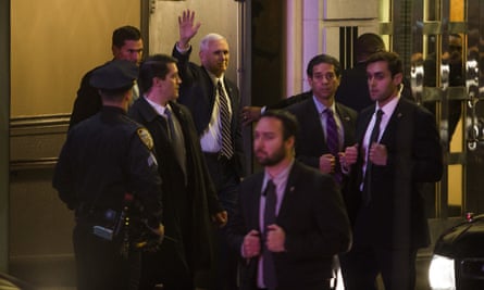 Mike Pence leaves the Richard Rodgers Theatre in New York after watching Hamilton.