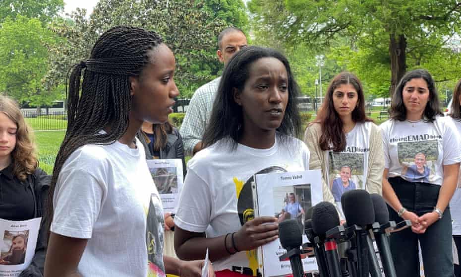 Carine and Anaise Kanimba, daughters of Paul Rusesabagina, speak while gathering with families of other detainees outside the White House in Washington last month.