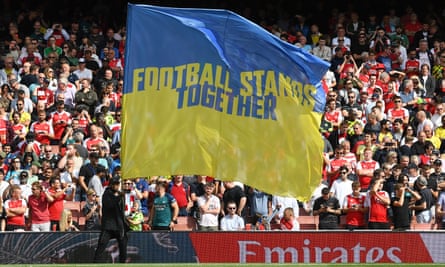 A flag expressing support for Ukraine displayed at the Emirates Stadium in August