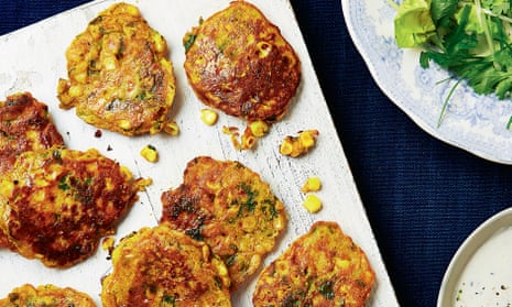Thomasina Miers’ Indian spiced sweetcorn fritters with ginger yoghurt.