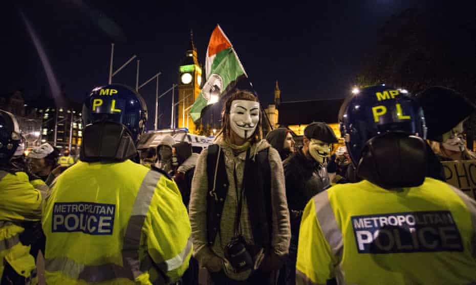 Million Mask March in London on Bonfire night 2014