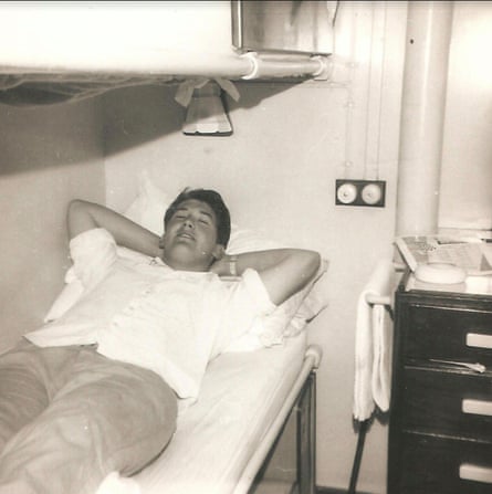Barry Coaker on his bunk on the P&O liner Strathaird
