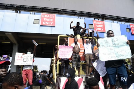 A protest at the Lekki tollgate against police abuses. About 2,000 people took part in demonstrations that blocked one of the main roads into Lagos.
