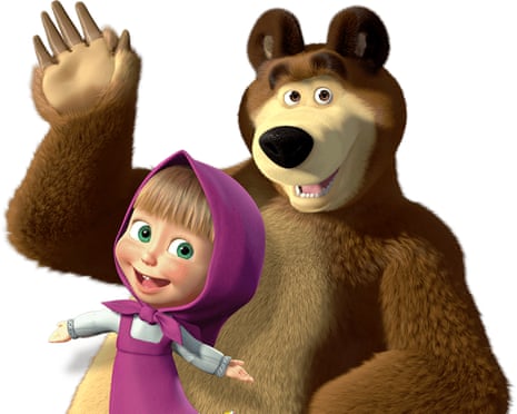 A cartoon bear waving, with a little girl in a pink hood in front of its chest