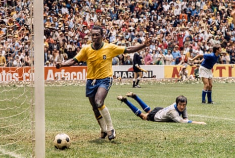 Pelé celebrates in front of Italian goalkeeper Enrico Albertosi after Carlos Alberto scored Brazil's fourth and final goal in the 1970 World Cup final at the Azteca Stadium in Mexico City.