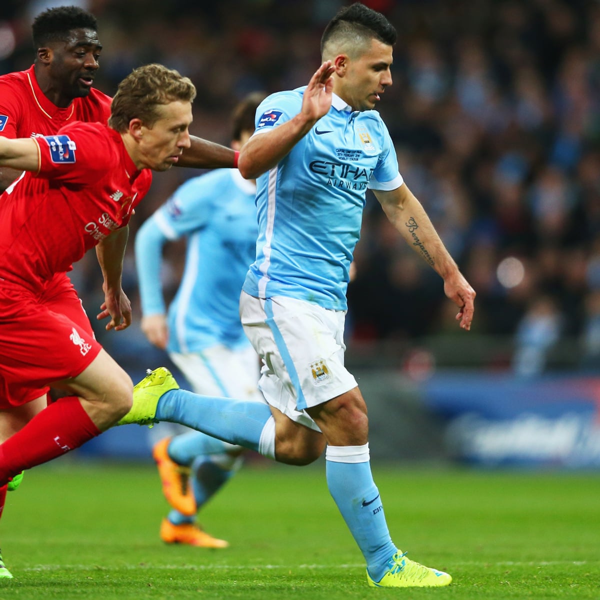 Manchester City's Sergio Agüero gives Lucas Leiva of Liverpool the run  around | Capital One Cup | The Guardian