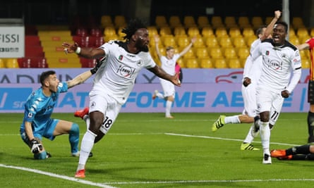 M’Bala Nzola celebrates after scoring for Spezia against Benevento in Serie A.