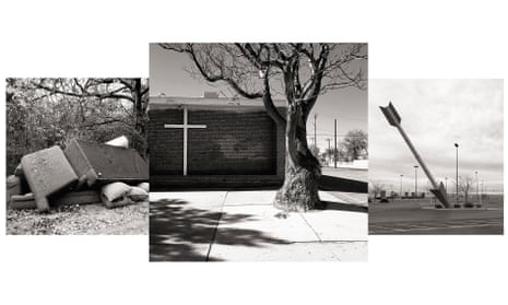 Three images by Diana Matar of locations where people have died in encounters with police - one in Texas and two in New Mexico