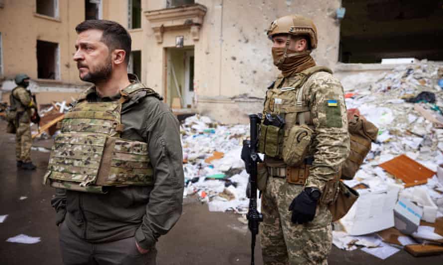 President Volodymyr Zelenskiy visits an area damaged by Russian military strikes on 29 May, as Russia’s attack on Ukraine continues, in Kharkiv, Ukraine May 29, 2022.