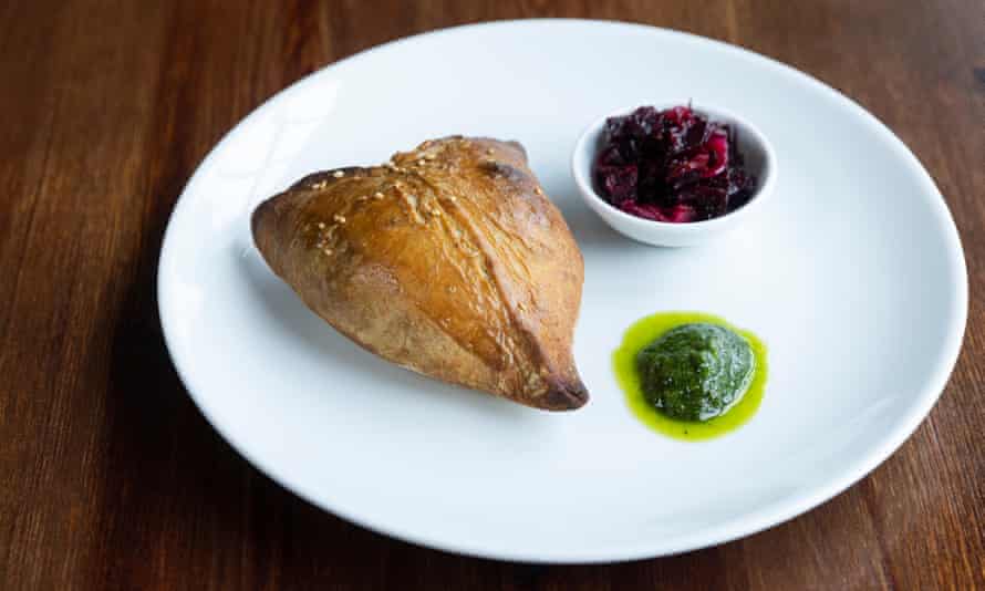 Beetroot, beet leaves and herb fatayer at Parkers Arms restaurant in Newton, Lancashire
