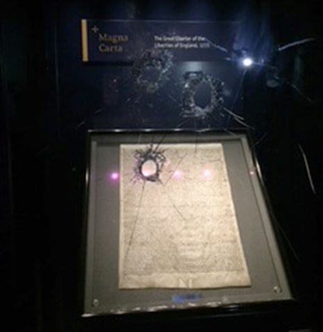 Damaged box with Magna Carta inside in Salisbury Cathedral.