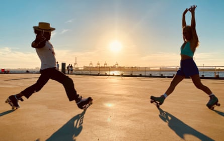 Hayley Grey (right) with a fellow skater at Princes Pier, Port Melbourne