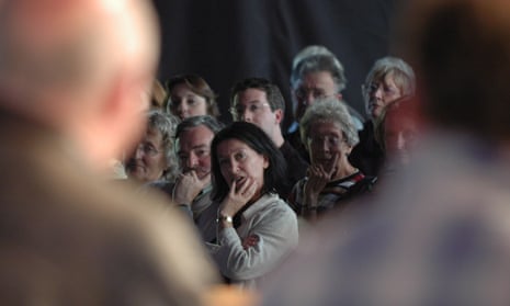 am audience at Hay festival listens to Clive James (left) and Nick Broomfield (right).