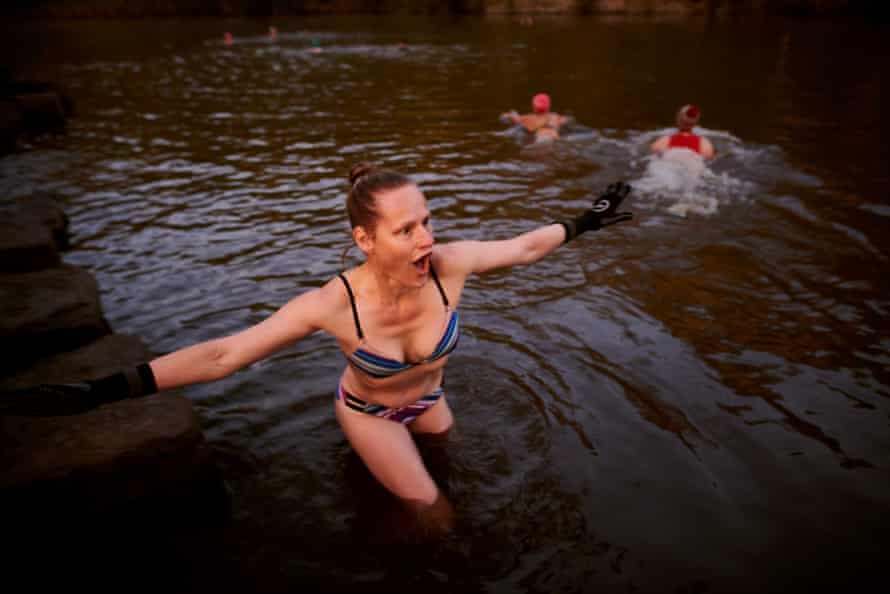 Marie Louis Zavarda, reacting to the icy cold water of the Birrarung River.