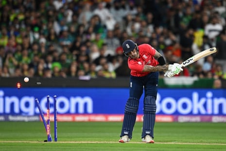 England's Alex Hales of England is bowled out by Pakistan's Shaheen Shah Afridi.