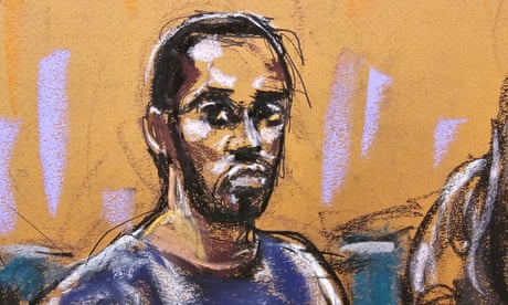 a courtroom sketch of Sean Combs looking up
