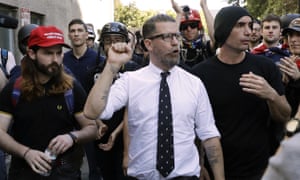 Vice Media co-founder Gavin McInnes, center, founder of the far-right group Proud Boys, is surrounded by supporters after speaking at a rally in Berkeley, California on 27 April 2017. 3000.jpg?width=300&quality=85&auto=forma