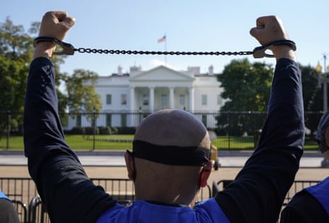 A Uyghur-American activist rallies in front of the White House in support of the Uyghur Forced Labor Prevention Act, October 2020.