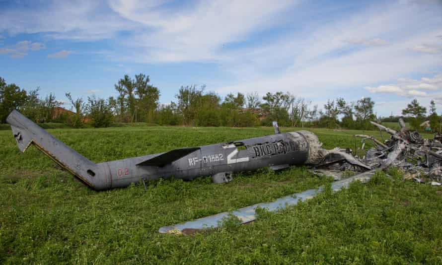 A destroyed Russian helicopter near the village of Mala Rohan, near Kharkiv, Ukraine.