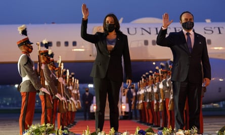 Harris and Guatemala’s minister of foreign affairs, Pedro Bolo, at her arrival ceremony in Guatemala city in June.