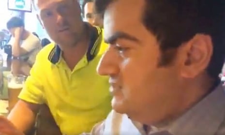 Sam Dastyari being harassed by members of a far-right group in a Melbourne bar.