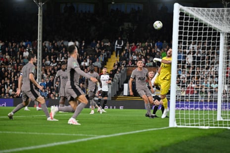 Fulham v Tottenham, Newport v Brentford, and more: Carabao Cup second round – live | Carabao Cup 5 Tottenham Hotspur's Fraser Forster attempts to stop the own goal scored by Micky van de Ven.