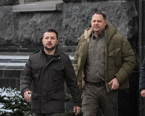 Ukraine's President Volodymyr Zelenskyy and Head of the Presidential Office Andriy Yermak walk, amid Russia's attack on Ukraine, in Kyiv, Ukraine.