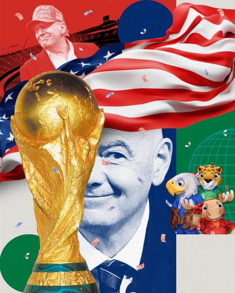 A collage depicting Donald Trump, Gianni Infantino, the World Cup trophy, and American flag and the three tournament mascots