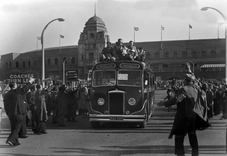 The Blackpool team leave Wembley on top of their bus.
