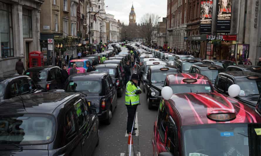 Gridlock on Whitehall in London this week as black cab drivers protest against Uber