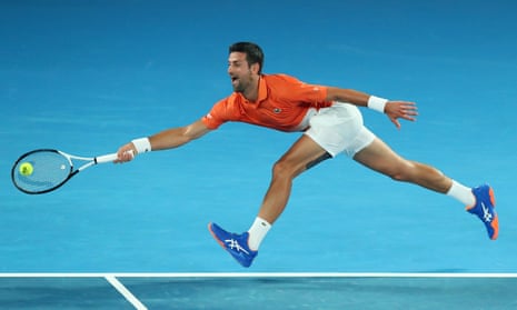 Novak Djokovic at full stretch during his exhibition match against Nick Kyrgios on Friday