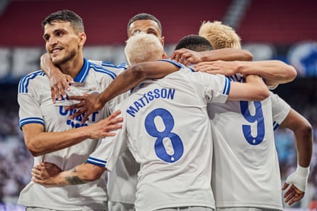 FC Copenhagen players celebrate during their victory over Drita of Denmark in the previous qualifying round