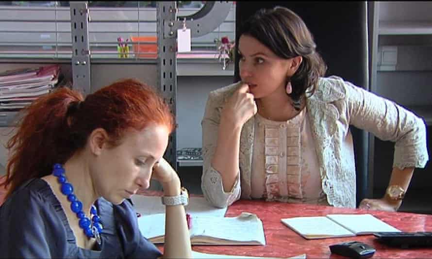 Vera Krichevskaya (left) and Natalia Sindeyeva at the Dozhd studio in 2010, in a scene from F@ck This Job.
