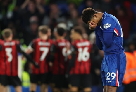Chelsea's Wesley Fofana looks dejected after Bournemouth's Justin Kluivert scores their second goal to restore parity.