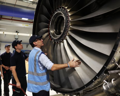 Andy Burnham gets up close to a Rolls-Royce Trent 500 engine during a visit to its factory in Derby on Thursday