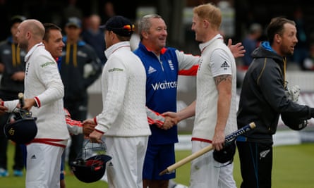 Ben Stokes is congratulated by Paul Farbrace at the end of day five of the England v New Zealand 1st test match in 2015
