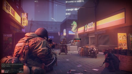 A shady image of a man holding a rifle in a dark street. There is a building with a neon Seahorse in front of it