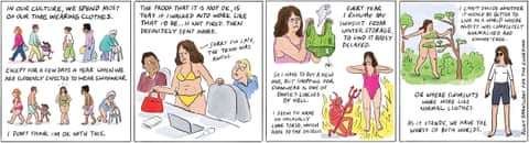 A series of cartoon images of a woman wearing swimwear., panel 1