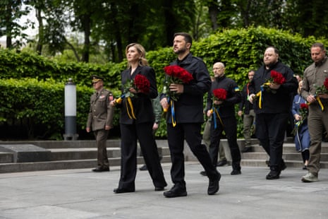 Ukrainian President Volodymyr Zelenskyy (R) and first lady of Ukraine Olena Zelenska (L) attending a ceremony to commemorate the fallen of the Second World War as part of the Day of Remembrance and Victory over Nazism, marking the 80th anniversary of the end of World War II in Europe.