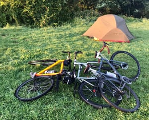 Carry on camping: one tent up and one to go as the riders wild camp near Glastonbury