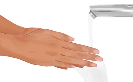 Ilustração de duas mãos se lavando debaixo de uma torneira de aço inoxidável.
